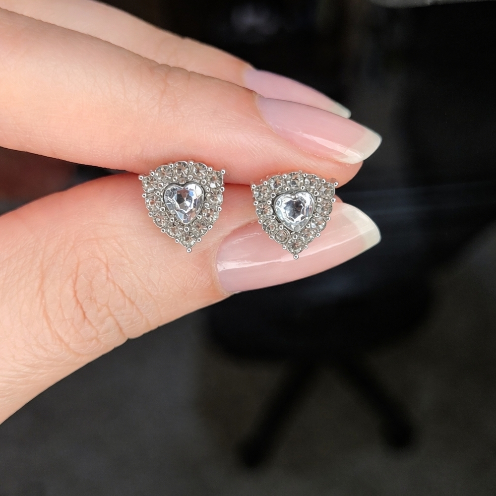 Silver Crystal Heart Halo Stud Earrings - White
